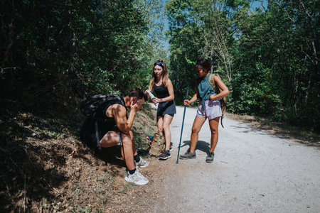 Friends on a sunny hike assist a tired man resting on a forest trail after a long trekの写真素材