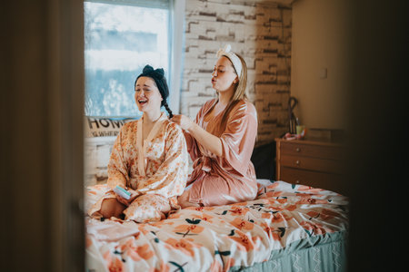 Two girlfriends enjoying leisure time together on a comfortable bedの写真素材