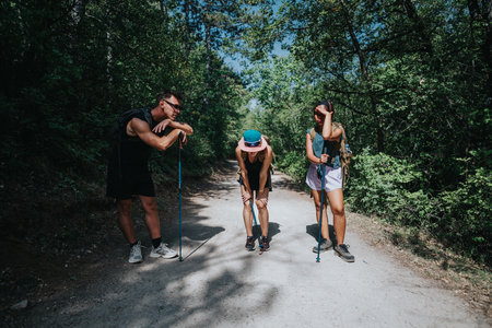 Three hikers on a sunlit forest trail with backpacks and trekking polesの写真素材