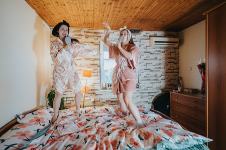 Two friends singing and dancing on a bed during a fun time togetherの写真素材