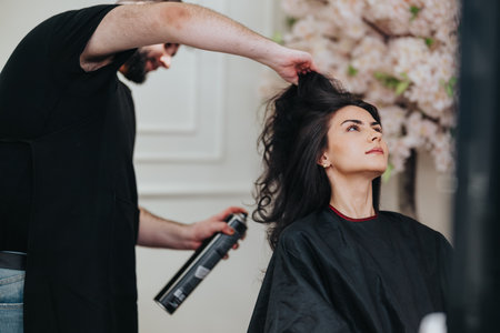 Woman receives professional hair styling in a modern salon with floral decorの写真素材