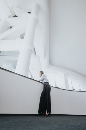 Woman leans on a curved white railing in a bright modern atrium, stylish and contemplativeの写真素材