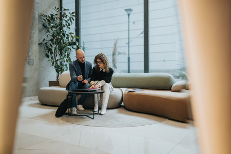 Business partners discuss plans in a modern lobby setting with tablet and documentsの写真素材