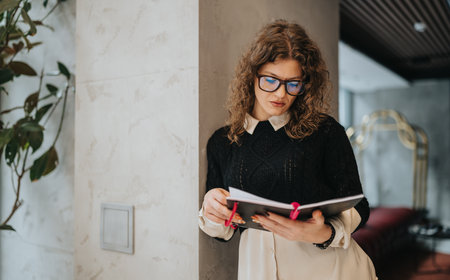 Professional woman reading a notebook beside a column in a modern indoor settingの写真素材