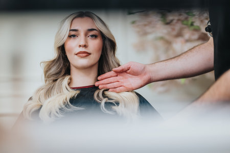 Portrait of a blonde woman at a hair studio receiving a professional styling sessionの写真素材