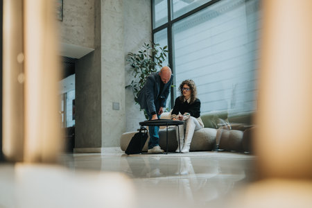 Business partners discuss plan in modern office lobby during informal meeting before presenting to clientsの写真素材