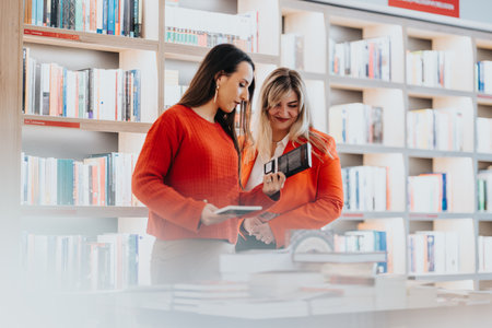 Two women explore books in a bright bookstore, exchanging notes and smiles while comparing titlesの写真素材