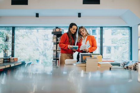 Two women in a bright bookstore read and discuss books, sharing a warm moment of learning and friendshipの写真素材