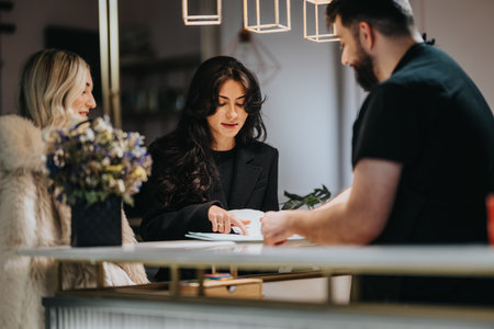 Professional women and man sign documents at a stylish hair studio reception desk in a modern, elegant interiorの写真素材