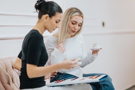 Two friends enjoy tea and chocolate tasting during a casual indoor cafe momentの写真素材