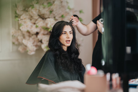 Woman with long dark hair getting a professional style at a hair salonの写真素材