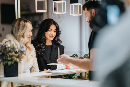 Two women consult with a man signing documents at a modern desk in a stylish studioの写真素材