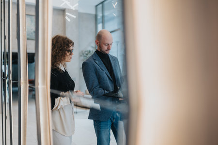 Business partners in a focused meeting, reviewing documents on a laptop in a modern officeの写真素材