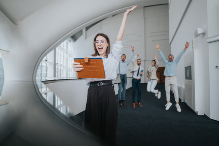 Animated office scene of colleagues celebrating as a leader reads from a folder in a bright hallwayの写真素材