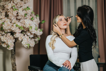 Beauty session in a hair studio with makeup artist applying eye makeup to a clientの写真素材