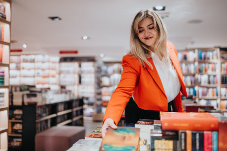 Confident woman in orange blazer browsing books at a lively bookstoreの写真素材