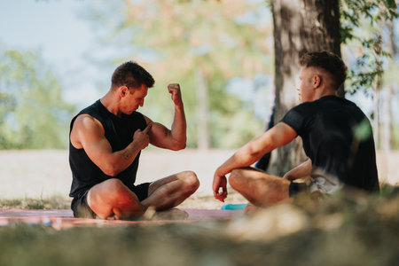 Two men training outdoors, one flexing arm as a friend watches in a park settingの写真素材