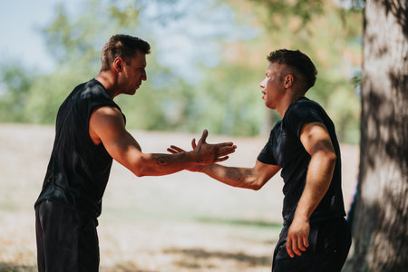 Two athletes in black shirts share a high-five during an outdoor training sessionの写真素材