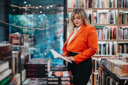 Woman in orange blazer browses and reads a book in a bustling bookstore among tall shelvesの写真素材