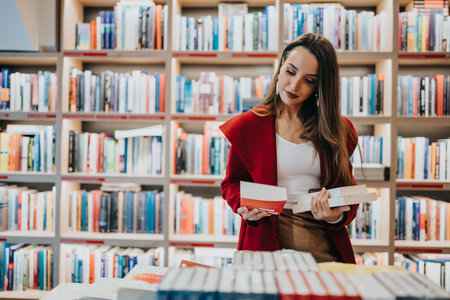 Woman in a red coat browsing books in a bustling bookstore todayの写真素材