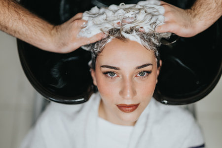 Woman quietly relaxing as a hairstylist washes her hair at the salon.の写真素材