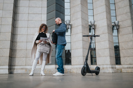 Business partners review documents outside a modern office building with a scooter nearbyの写真素材