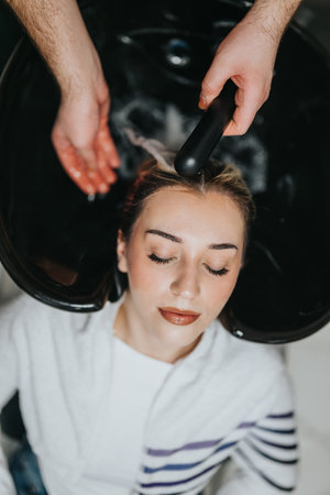 Woman relaxing as her hair is washed at a salon with a handheld shower deviceの写真素材