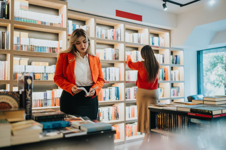 Two women in a bright bookstore browse shelves and read, creating a calm, studious atmosphere.の写真素材