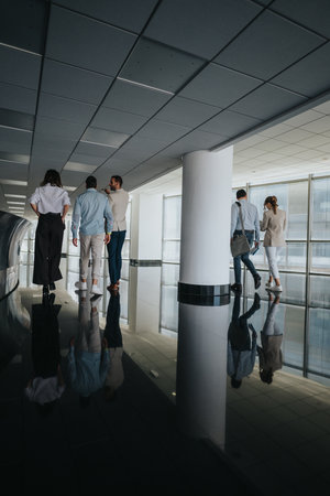 Group of people walking through a bright modern office hallway with reflective floorの写真素材