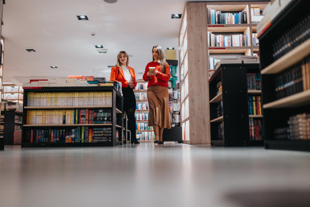Two women in a modern bookstore chat and browse books near tall shelvesの写真素材