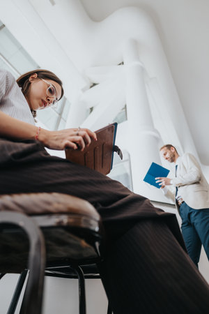 Casual office scene with two coworkers discussing work as one person uses a tablet in a bright modern workspaceの写真素材