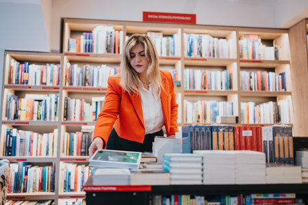 Woman in orange blazer browses books at a busy bookstore with stacks and shelves full of titlesの写真素材