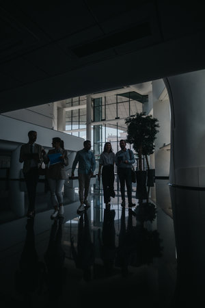 Group of colleagues walking through a stylish modern office lobby, conveying teamwork and business energyの写真素材