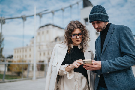 Business partners review information on phone during outdoor city meetingの写真素材