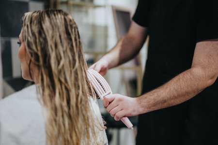 Woman receives a hair styling session as a stylist brushes her wet hair with a pink combの写真素材