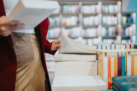 Woman browsing a bookstore, flipping through a book beside a shelf of colorful titlesの写真素材