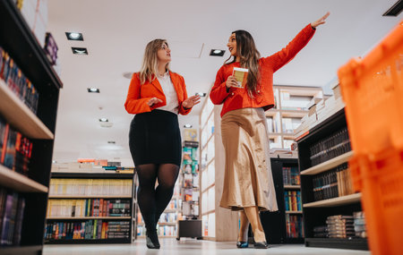 Two women in a bookstore chat and laugh while browsing shelves and sharing a bookの写真素材