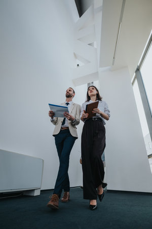 Two colleagues walk through a bright atrium with folders and notebooks, discussing work during a tourの写真素材