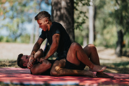 Two men wrestling on a mat outdoors in a park, intense training and physical clashの写真素材