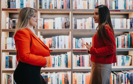 Two women in a bookstore share a friendly conversation among shelves and booksの写真素材