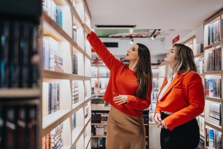 Two women explore a bookstore, with one reaching for a book on a high shelf while the other observesの写真素材
