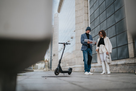 Two professionals discuss documents beside an electric scooter in a modern urban setting outside buildingsの写真素材