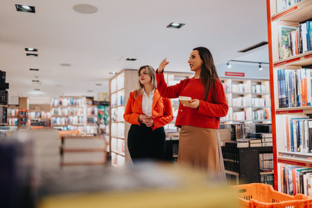 Two women in a bookstore discussing a book, one speaking and the other listening attentivelyの写真素材