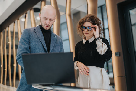 Business partners review a laptop together in a modern office lobby for a professional collaborationの写真素材