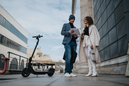 Two professionals discuss documents outdoors beside a scooter in an urban city settingの写真素材