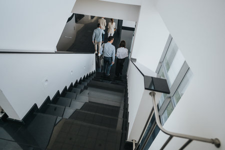 People descend a modern office staircase in a bright, minimalist building during a busy day at workの写真素材