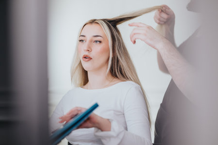 Portrait of a woman getting hair styled by a stylist in a bright modern salonの写真素材