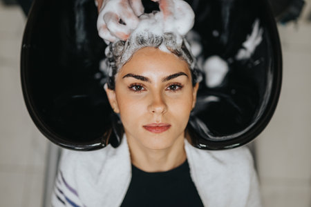 Woman receives a hair wash at a trendy salon with foamy shampoo in a black basinの写真素材