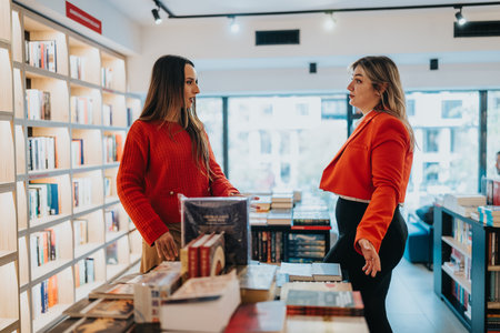 Two women in a bookstore discuss books near shelves, red sweater and orange blazerの写真素材