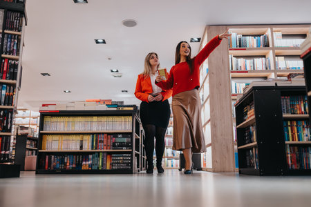 Two women in a bookstore explore shelves and discuss books, wearing stylish red tops todayの写真素材